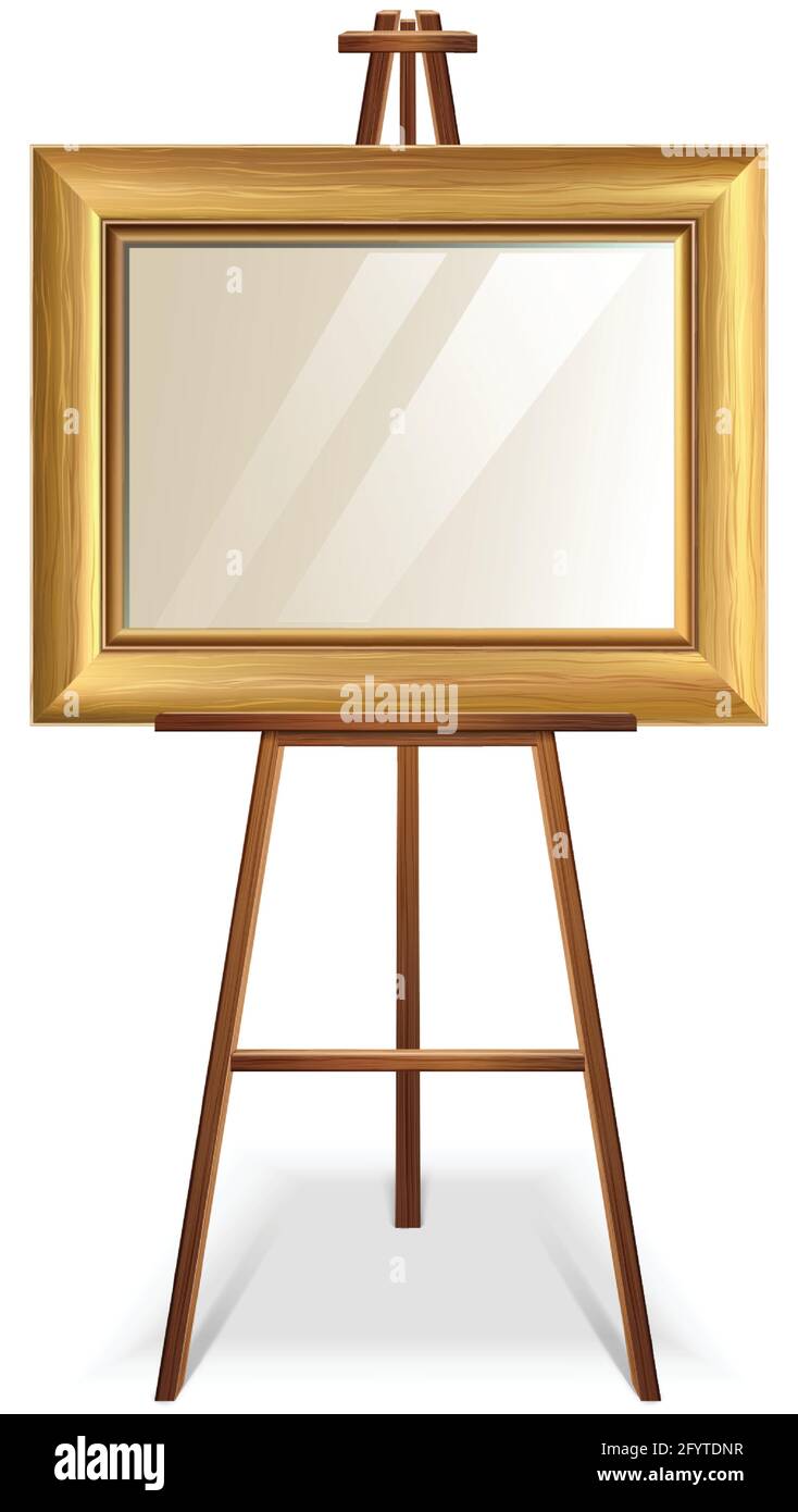 3d realistic vector illustration wooden easel with mock up empty Blank golden frame square canvas. Isolated on white background. Stock Vector
