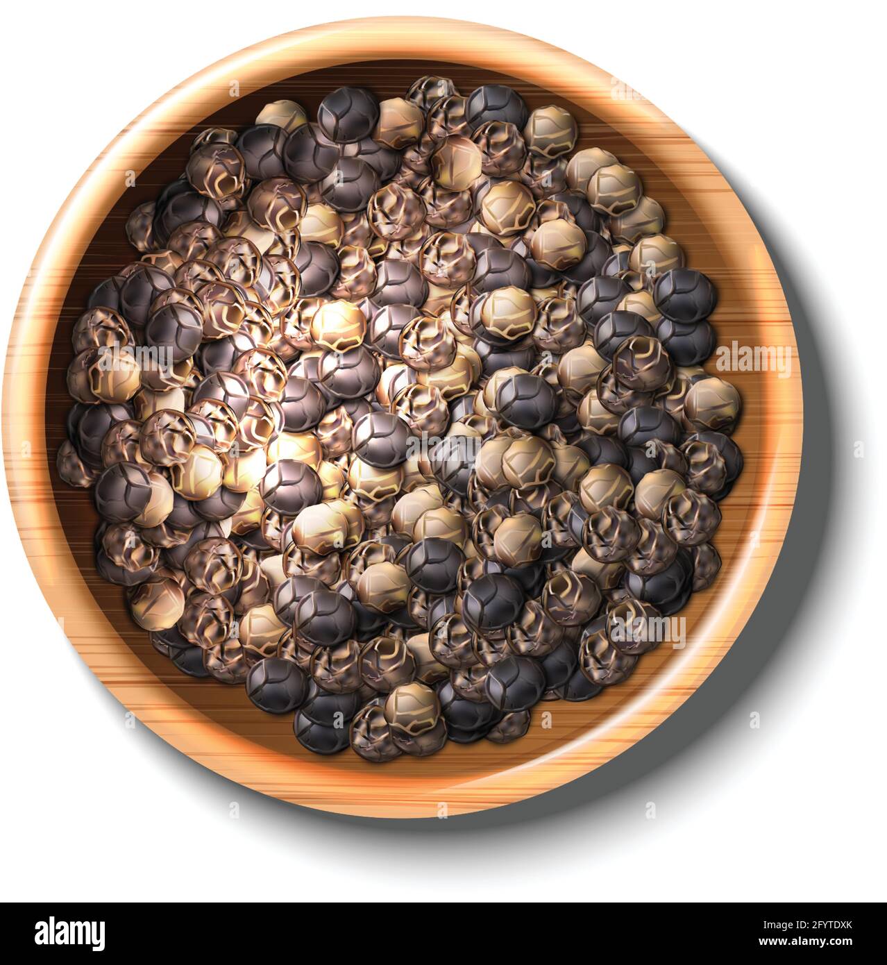 vector black pepper in a wooden bowl. Isolated on white background. Stock Vector