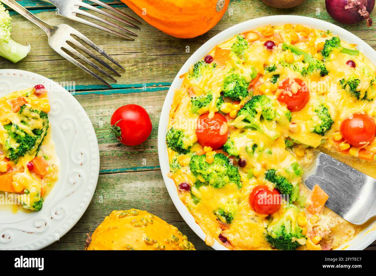 Vegetable casserole with broccoli and pumpkin.Frittata or casserole with broccoli and vegetables