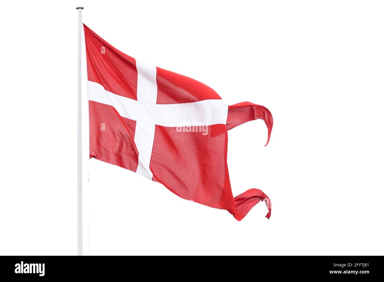 Waving flag of Denmark isolated on white. PNG file with transparent background. Stock Photo
