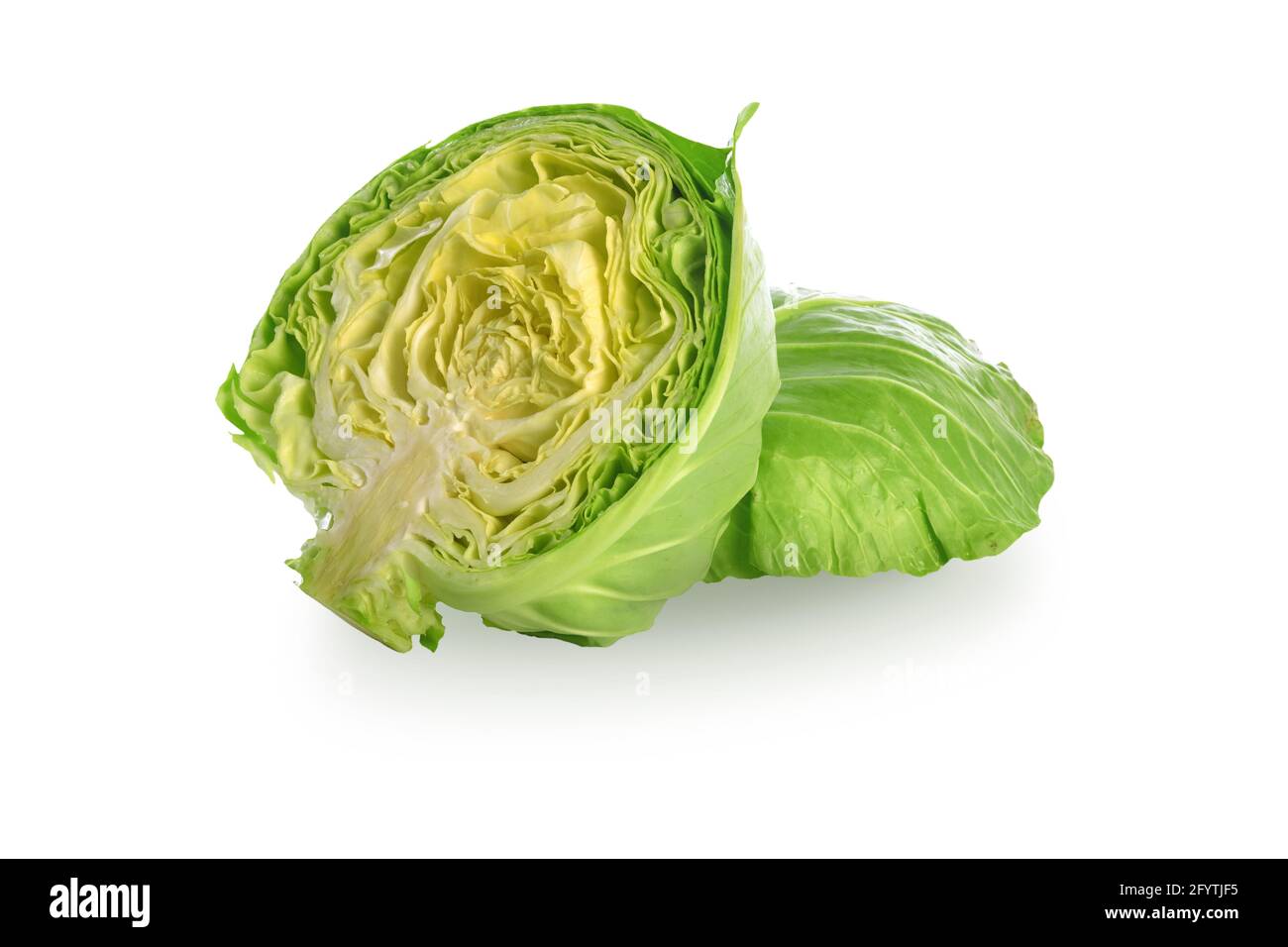 Two slices of a fresh organic cabbage isolated on a white background. PNG file with transparent background. Stock Photo