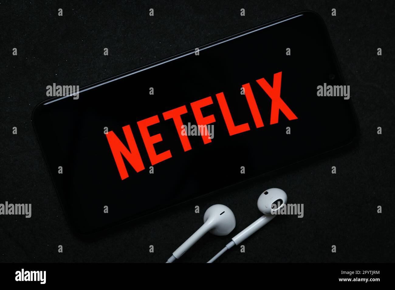 Krakow, Poland - October 07, 2020: Netflix sign on the smartphone screen. Netflix is a famous provider of Internet streaming  service for watching vid Stock Photo