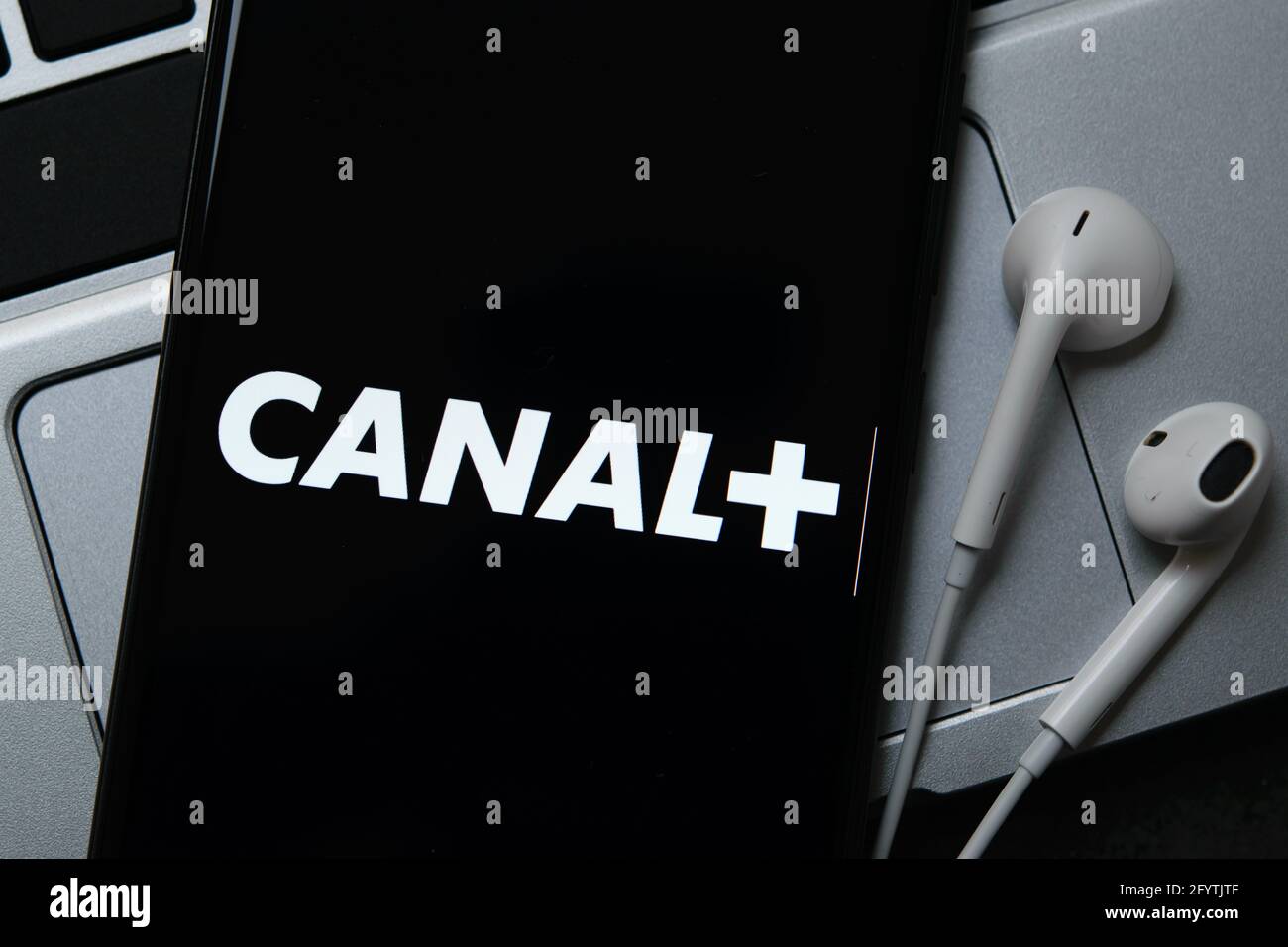Krakow, Poland - October 07, 2020: Canal+ (Plus) application sign on the smartphone screen. Canal+ is a famous provider of Internet streaming  service Stock Photo