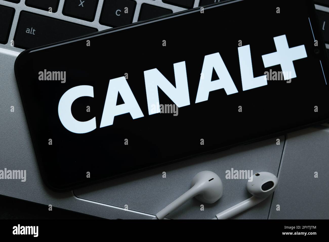 Krakow, Poland - October 07, 2020: Canal+ (Plus) application sign on the smartphone screen. Canal+ is a famous provider of Internet streaming  service Stock Photo