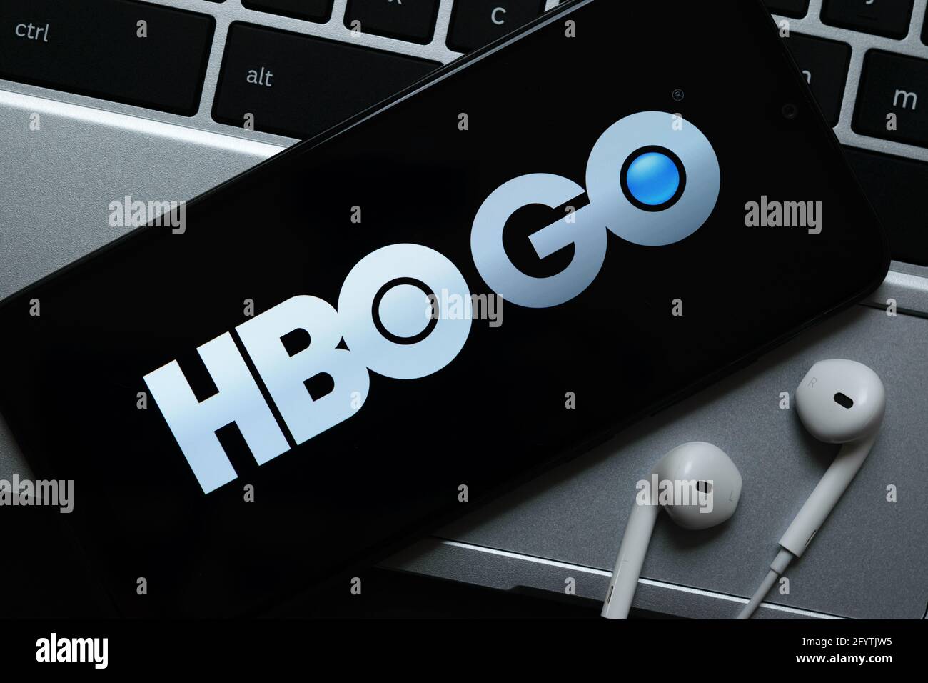 Krakow, Poland - October 07, 2020: HBO GO application sign on the smartphone screen. HBO GO is a famous provider of Internet streaming  service for wa Stock Photo