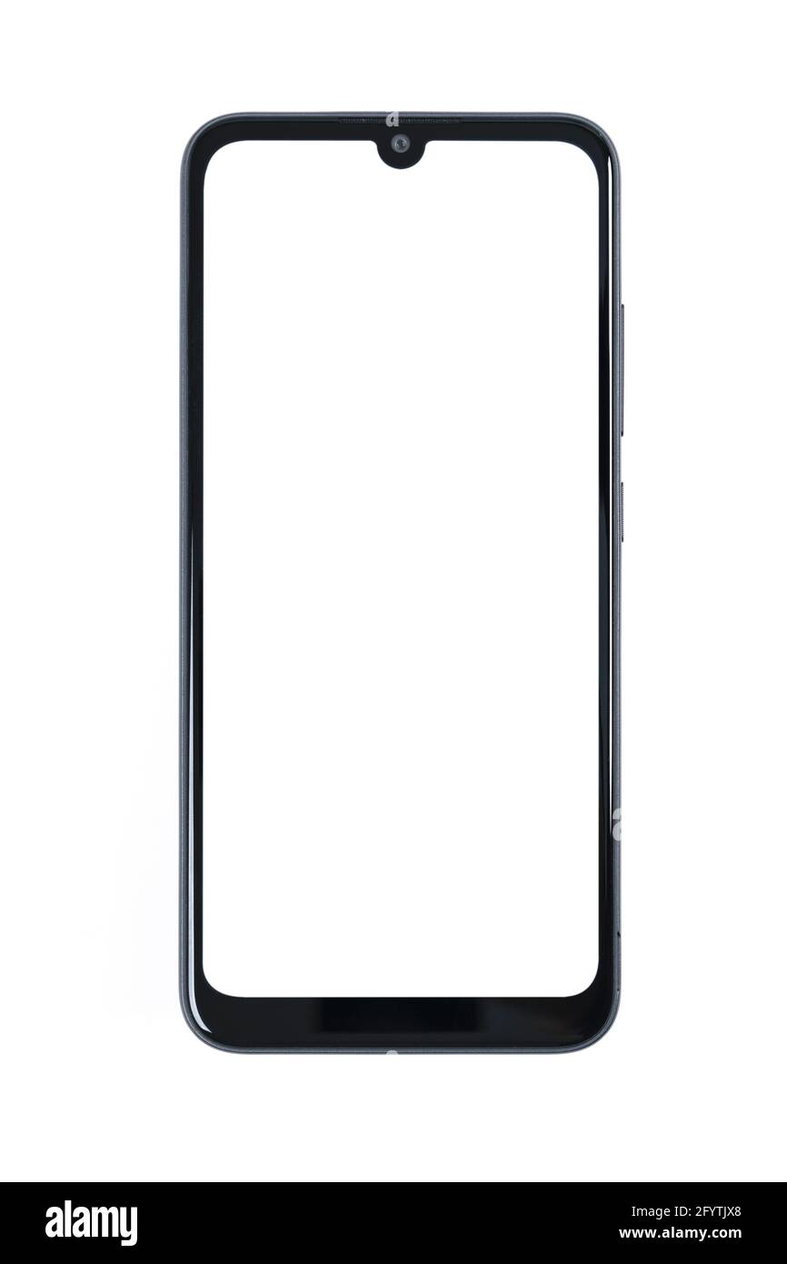 Front view of a new modern black frameless smartphone mockup with blank white screen isolated on a white background (high details). Stock Photo