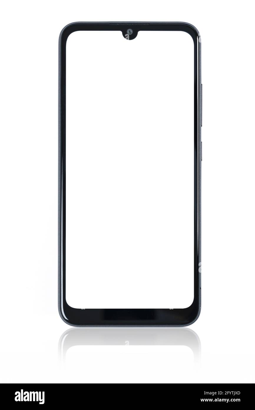 Front view of a new modern black smartphone mockup with blank white screen and mirror reflection isolated on a white background (high details). Stock Photo