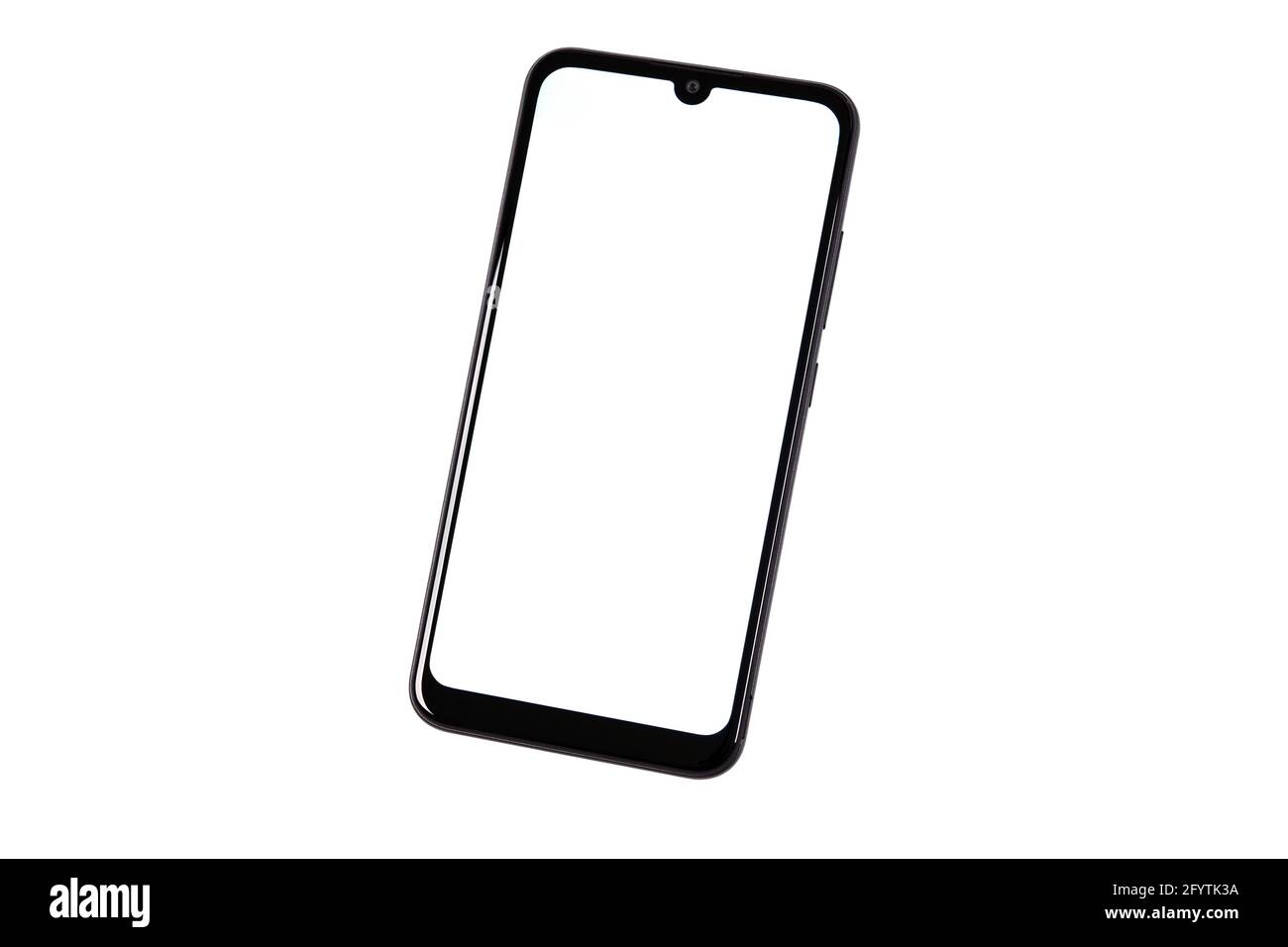 New modern black frameless smartphone mockup with blank white screen  Isolated on a white background. High details image. PNG file with transparent ba Stock Photo