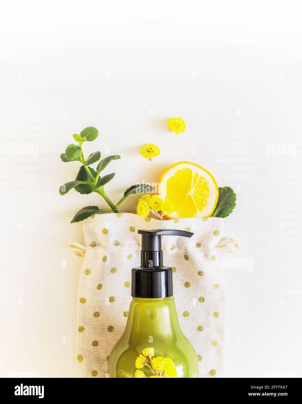 Vertical composition with a bottle of bath cosmetics with lemon, flowers and a green twig on a white background. Natural hand care product Stock Photo