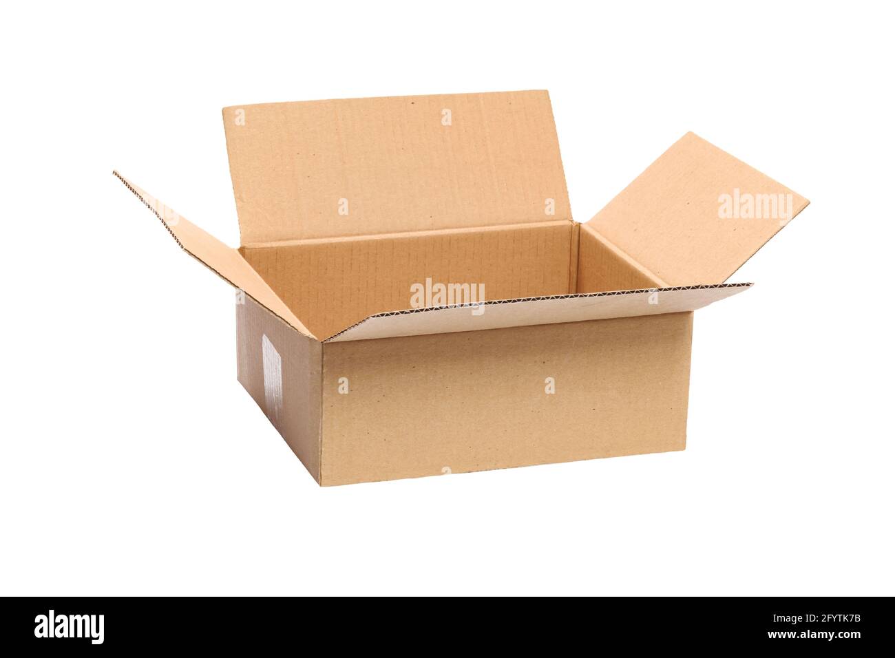 Isolated opened packaging cardboard box in close-up without shadows. PNG file with transparent background. Stock Photo