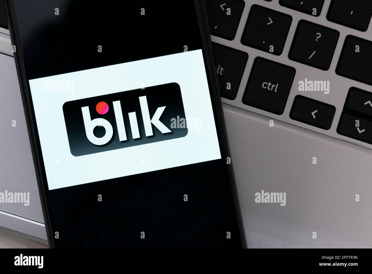 Krakow, Poland - October 20, 2020:  Blik sign on the smartphone screen. Blik is popular polish quick e-payment service in Poland. Stock Photo