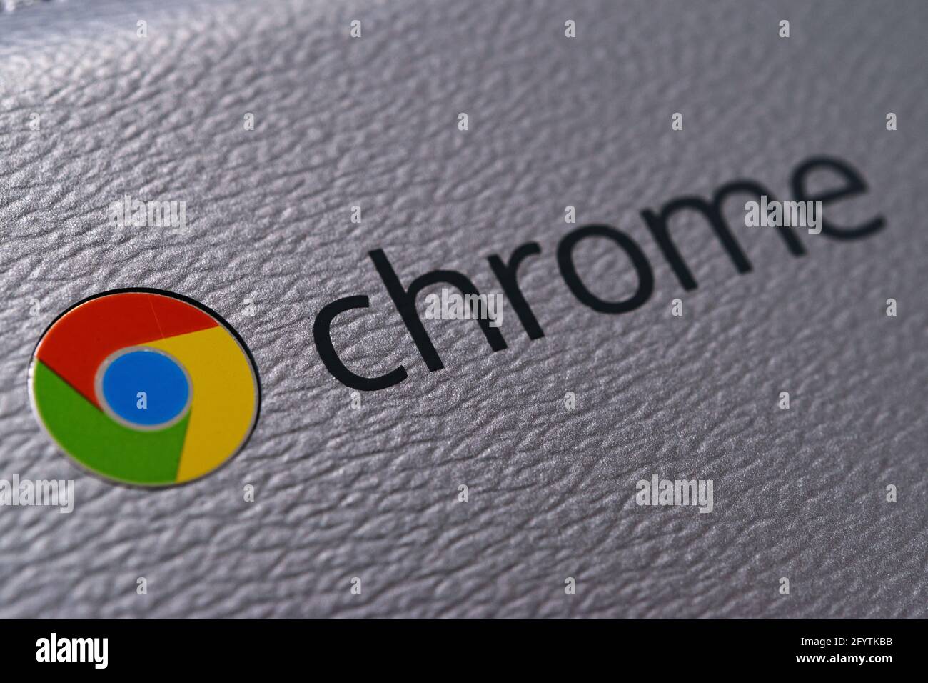 Krakow, Poland - October 20, 2020:  Google Chrome sign on the cover of the Chromebook laptop in close-up. Stock Photo