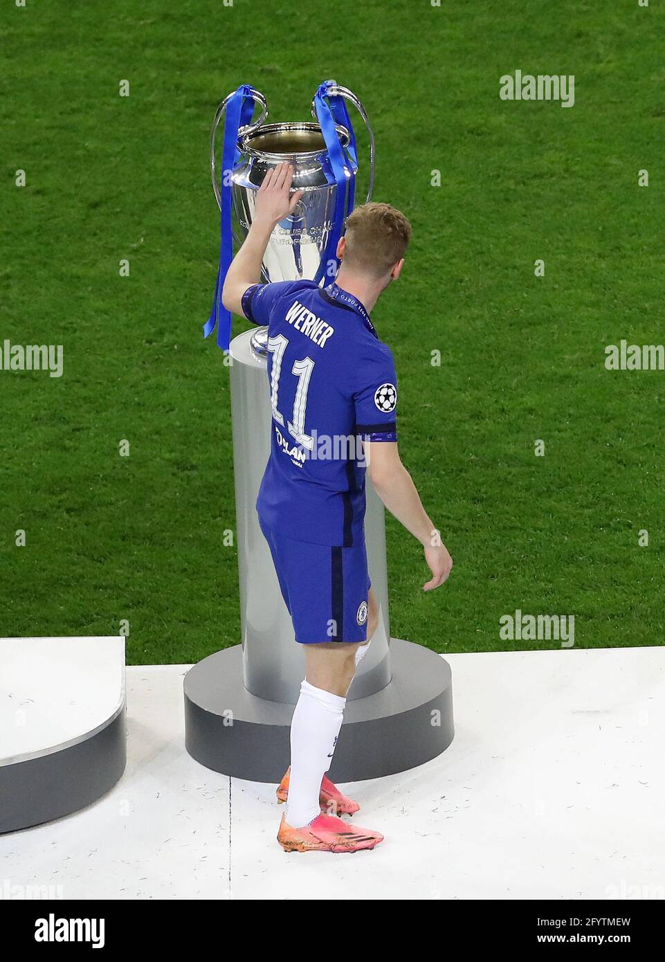 Porto, Portugal, 29th May 2021. Timo Werner of Chelsea with the trophy  during the UEFA Champions League match at the Estadio do Dragao, Porto.  Picture credit should read: David Klein / Sportimage