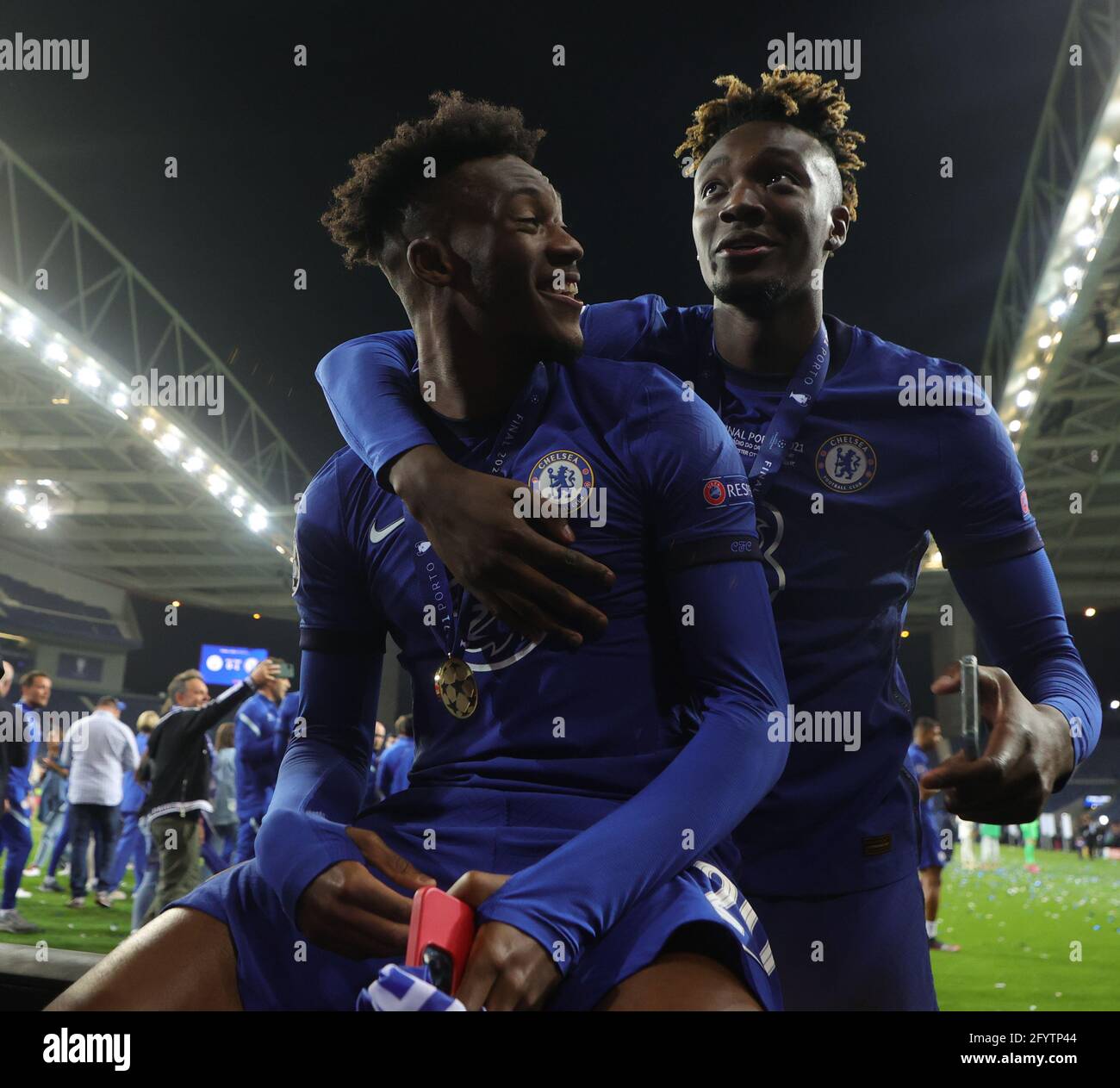 PORTO, PORTUGAL - MAY 29: Callum Hudson-Odoi [left] and Tammy Abrahams of Chelsea [right] celebrate after winning the UEFA Champions League Final against Manchester City at Estadio do Dragao on May 29, 2021 in Porto, Portugal. (Photo by MB Media) Stock Photo