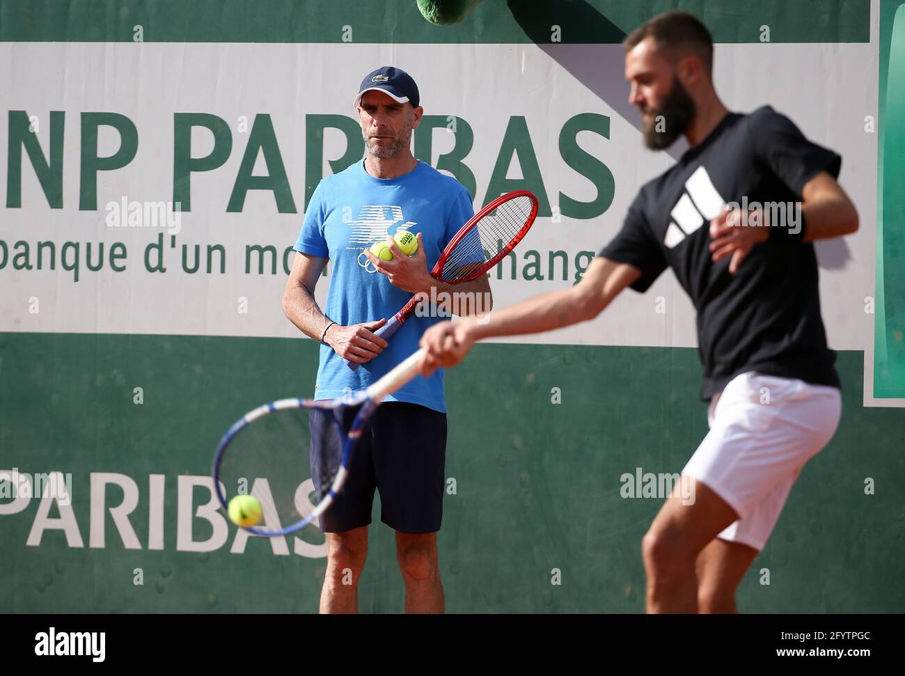 Benoit Paire of France and his new coach Boris Vallejo during practice  ahead of the French Open 2021, a Grand Slam tennis tournament at  Roland-Garros stadium on May 29, 2021 in Paris,