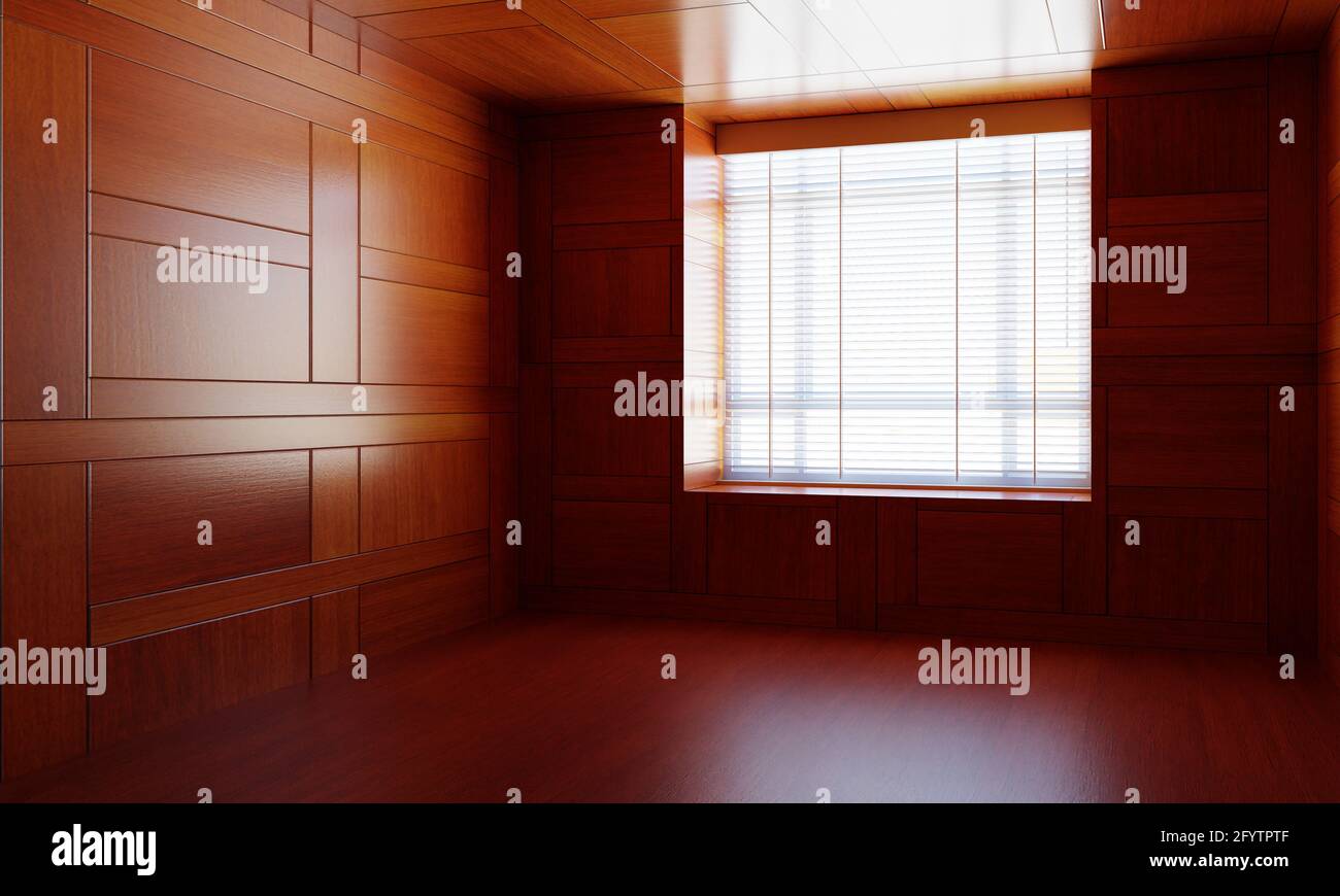 Empty Asian style wooden room with window. Japanese modern design with the wood plank. Architecture and interior concept. 3Dillustration rendering Stock Photo