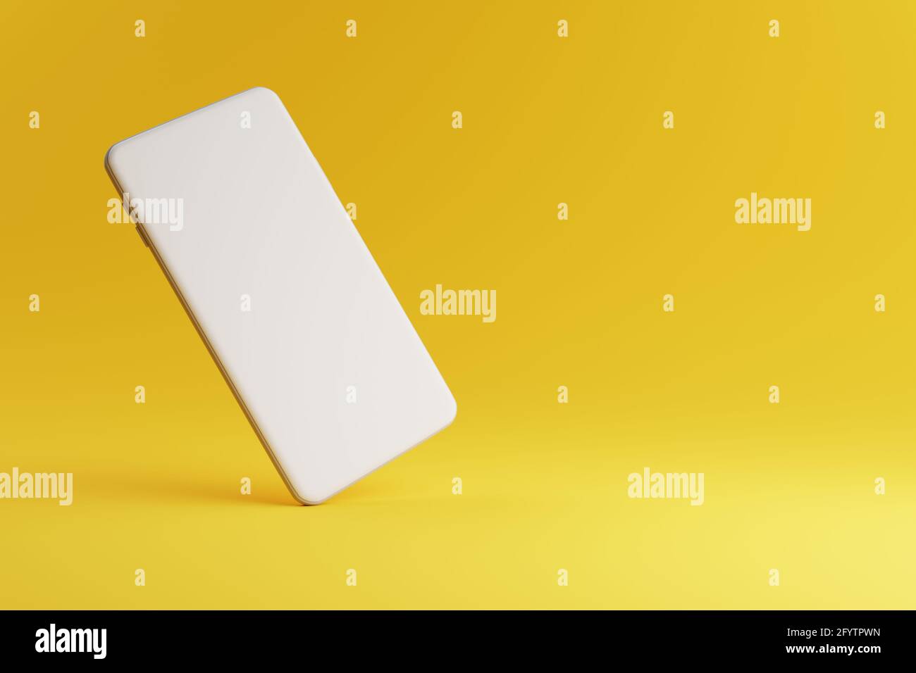 Mobile phone mockup with white blank screen on yellow background with ...