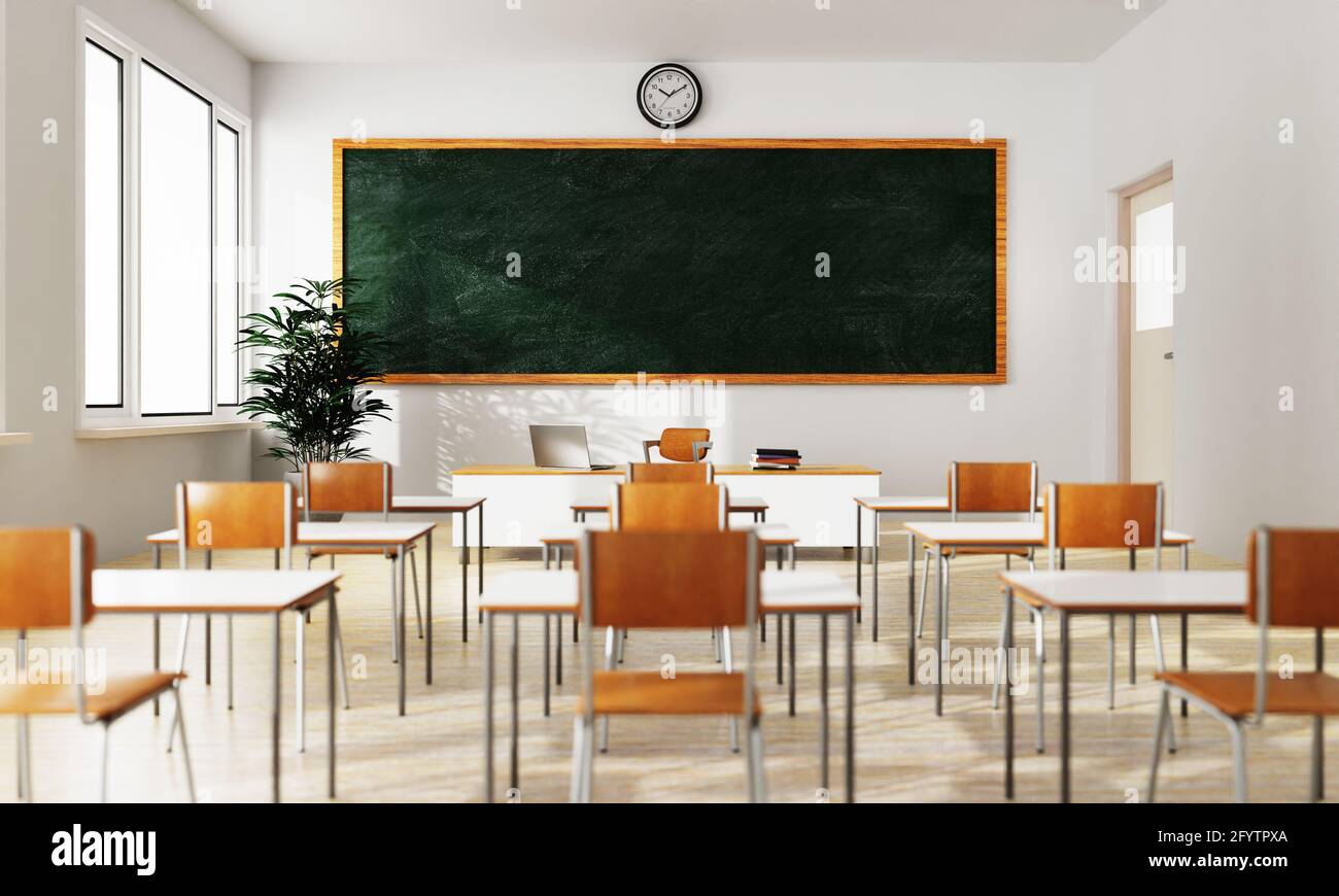 Empty white classroom background with green chalkboard table and seat on  wooden floor. Education and Back to school concept. Architecture interior.  So Stock Photo - Alamy