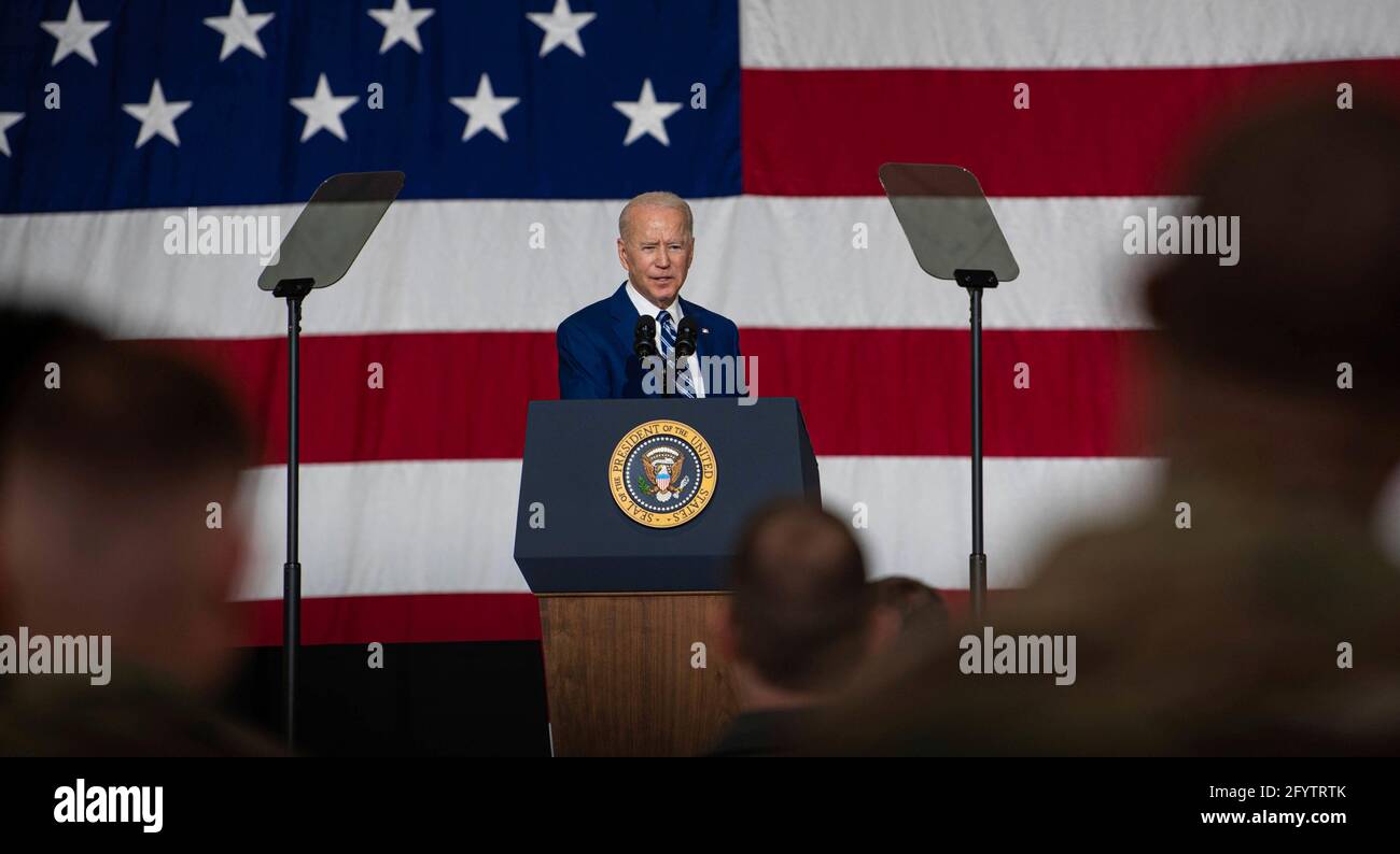 U.S President Joe Biden addresses troops during a visit to  Joint Base Langley-Eustis May 28, 2021 in Newport News, Virginia. Biden spoke on the importance of military sacrifice and thanked the members for their continued dedication to defending the nation. Stock Photo
