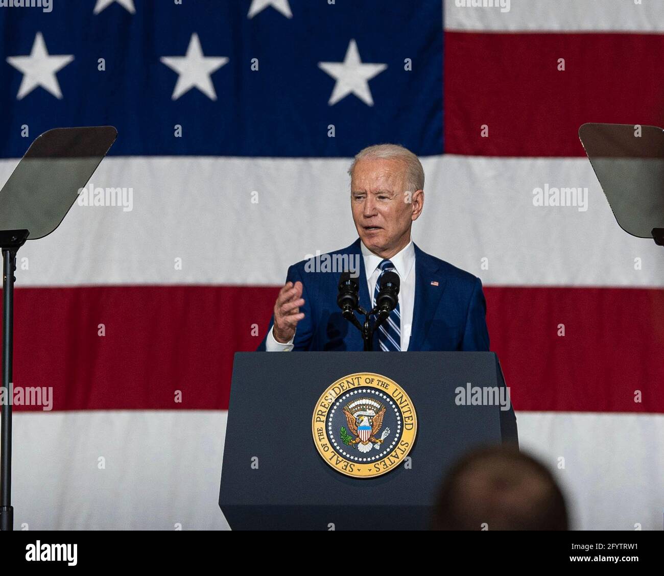 U.S President Joe Biden addresses troops during a visit to  Joint Base Langley-Eustis May 28, 2021 in Newport News, Virginia. Biden spoke on the importance of military sacrifice and thanked the members for their continued dedication to defending the nation. Stock Photo
