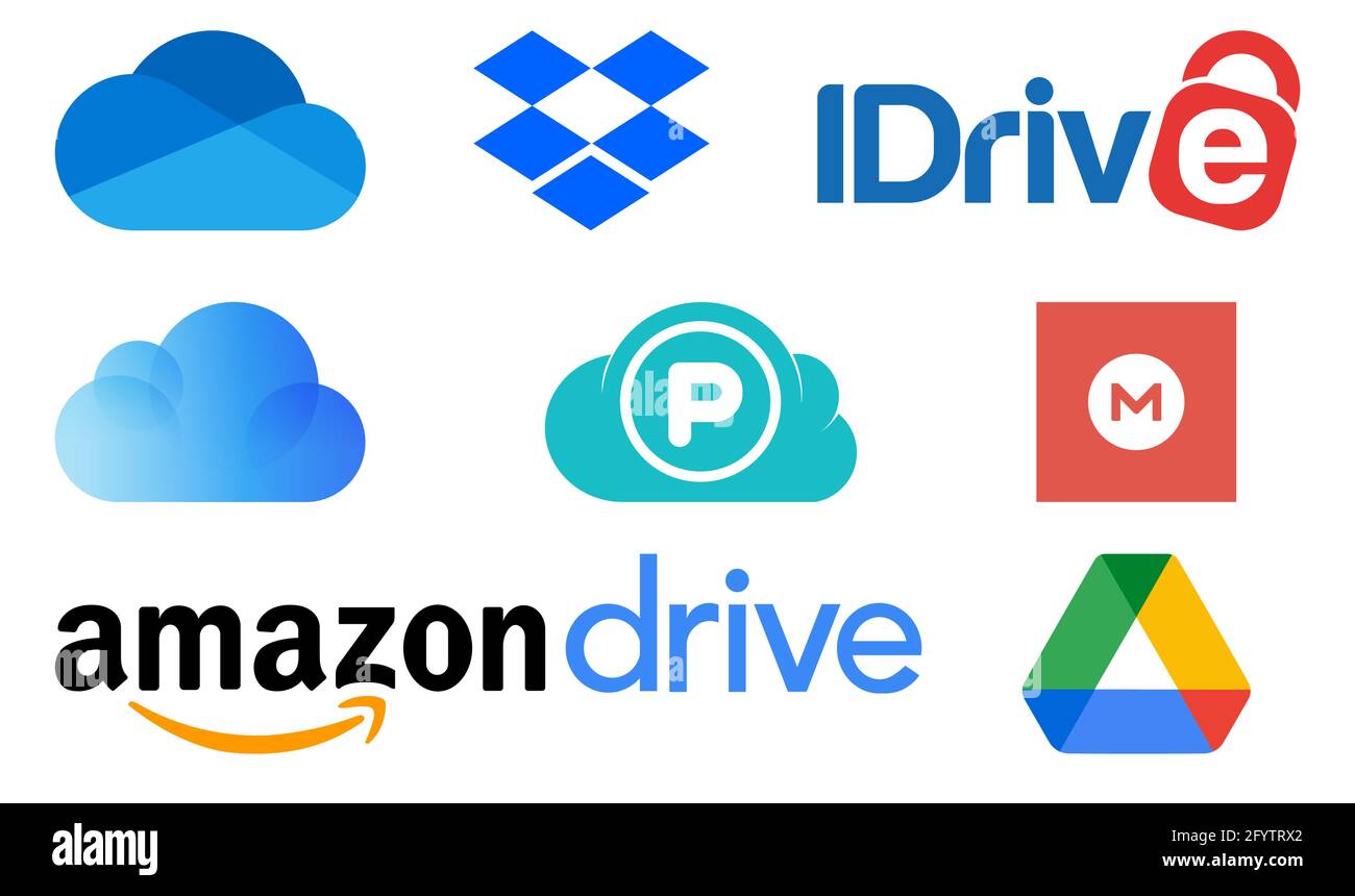 Vinnytsia, Ukraine - May 28, 2021: Set of cloud storage logos. Dropbox, Google Drive, Microsoft OneDrive, iCloud, pCloud, Amazon Drive, IDrive Mega Ed Stock Vector