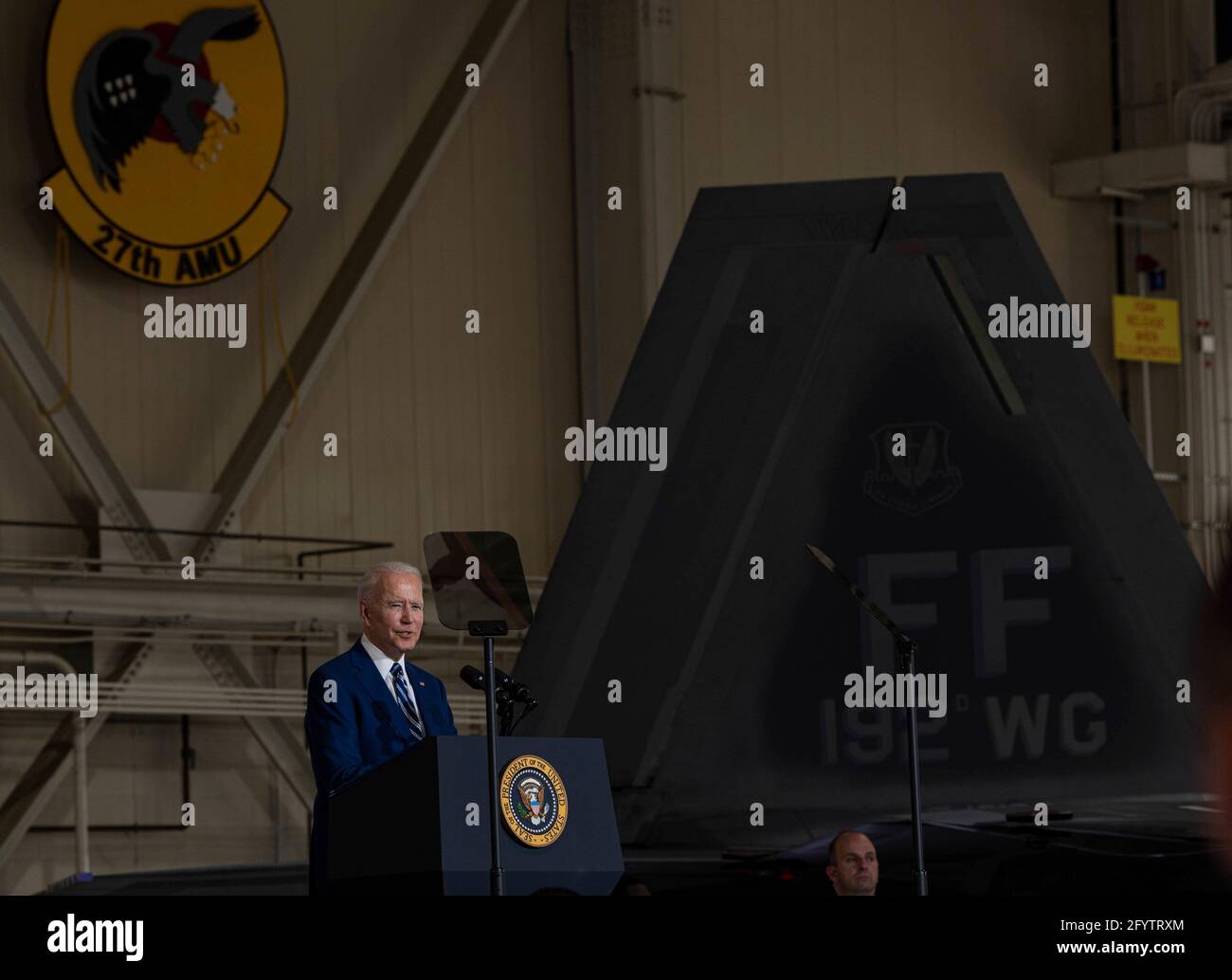 U.S President Joe Biden addresses troops during a visit to Joint Base Langley-Eustis May 28, 2021 in Newport News, Virginia. Biden spoke on the importance of military sacrifice and thanked the members for their continued dedication to defending the nation. Stock Photo