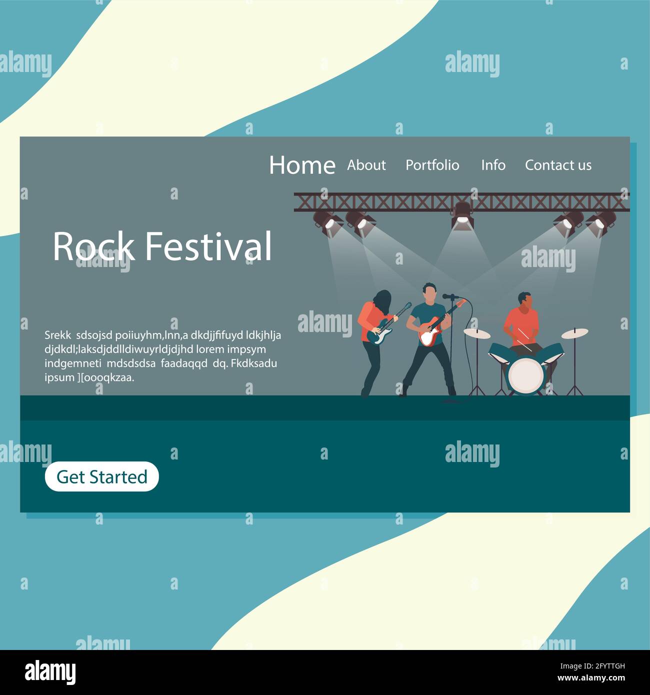 Rock festival landing page, stage of rock n roll and punk metal, rock band perfomance in nightclub. Vector concert of popular group with singer and gu Stock Vector