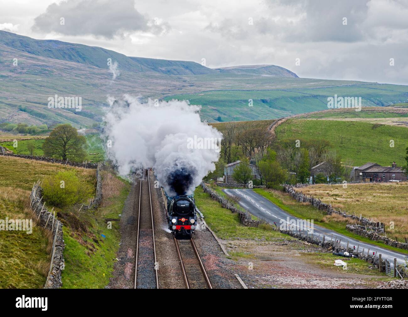 The Braunton Steam Locomotive passing Aisgill in the Yorkshire Dales National Park in May Stock Photo