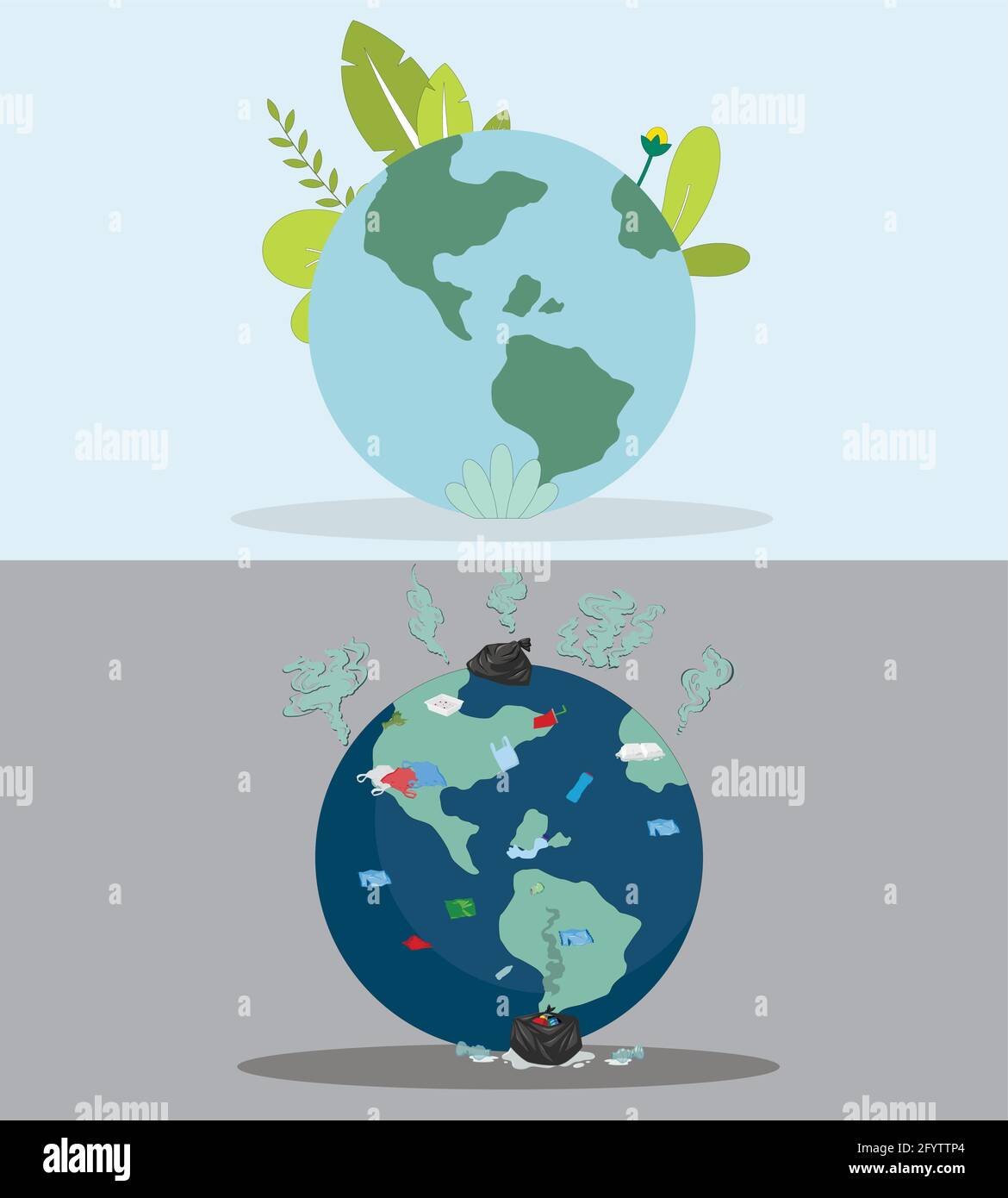 Polluted and clean planet, vector pollution on earth compare with globe eco planet, ecology save, world environment global, protection Stock Vector