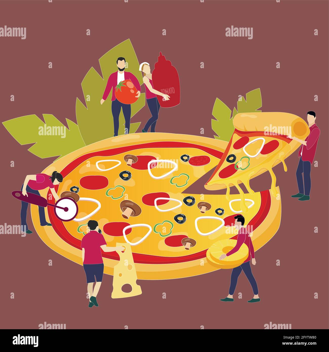 People sharing pizza dinner. Vector illustration. Tasty fast food cartoon, character with piece of pepperoni, eating and sharing snack, friendship par Stock Vector