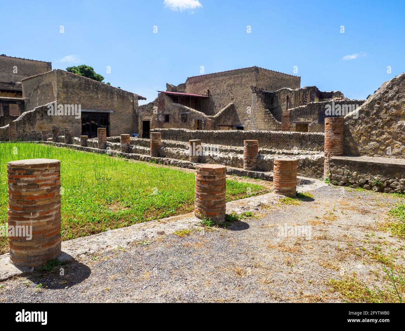 The men's baths palaestra which served not only as a recreational area, but also as a meeting place and an open-air lounge. - Central Thermae (Terme Centrali) - Herculaneum ruins, Italy Stock Photo