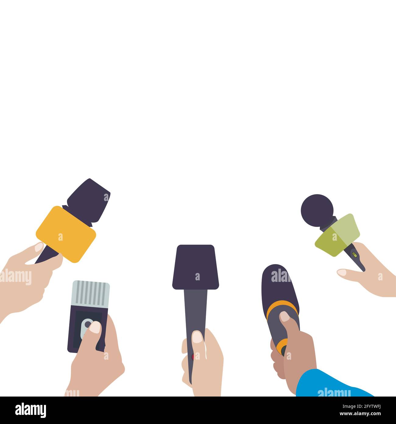 Hands with microphones. Journalist press conference, interview reporter, journalism communication, mass media news, microphone and place. Vector illus Stock Vector