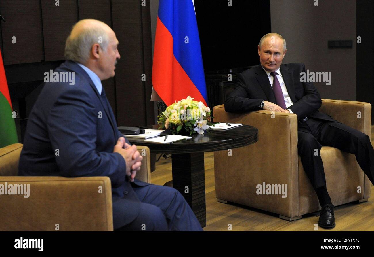 Russian President Vladimir Putin during a bilateral meeting with Belarus President Alexander Lukashenko, left, at the official residence at Cape Idokopas May 28, 2021 in Sochi, Russia. The meeting took place following the official hijacking of an Irish Airliner to arrest a dissident by Belarus. Stock Photo