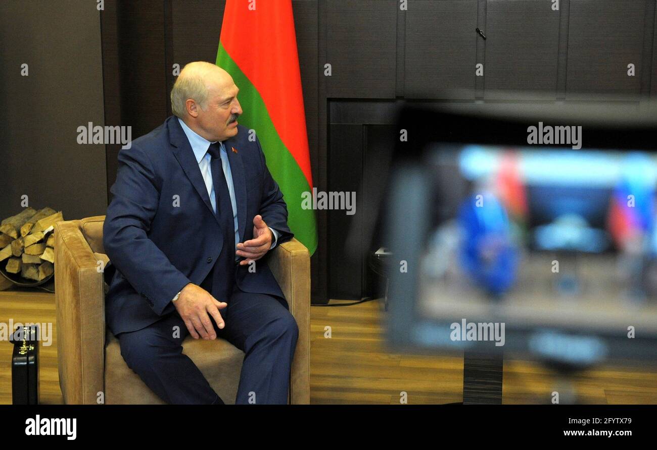 Belarus President Alexander Lukashenko, left, during a bilateral meeting with Russian President Vladimir Putin at Cape Idokopas May 28, 2021 in Sochi, Russia. The meeting took place following the official hijacking of an Irish Airliner to arrest a dissident by Belarus. Stock Photo
