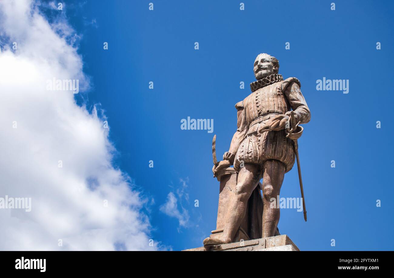 The bronze statue of Miguel de Cervantes Saavedra in the city of Valladolid, Spain Stock Photo