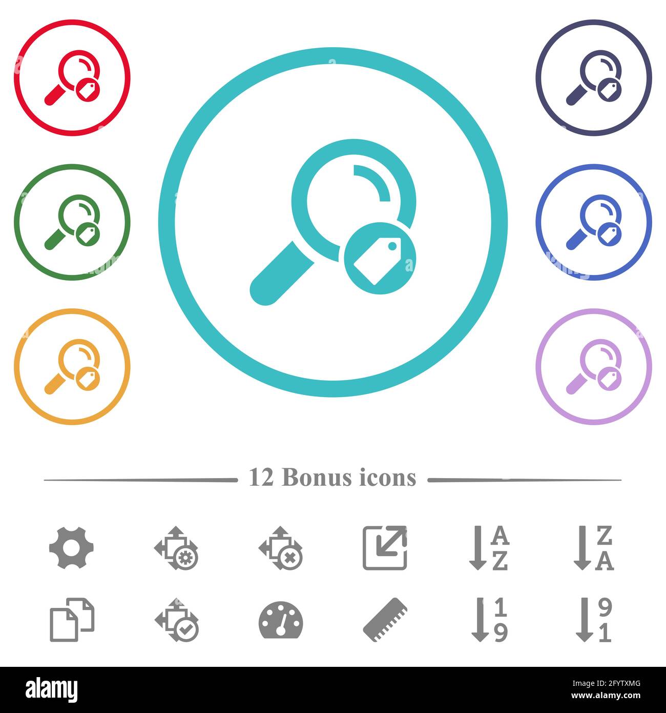 Search tags flat color icons in circle shape outlines. 12 bonus icons ...