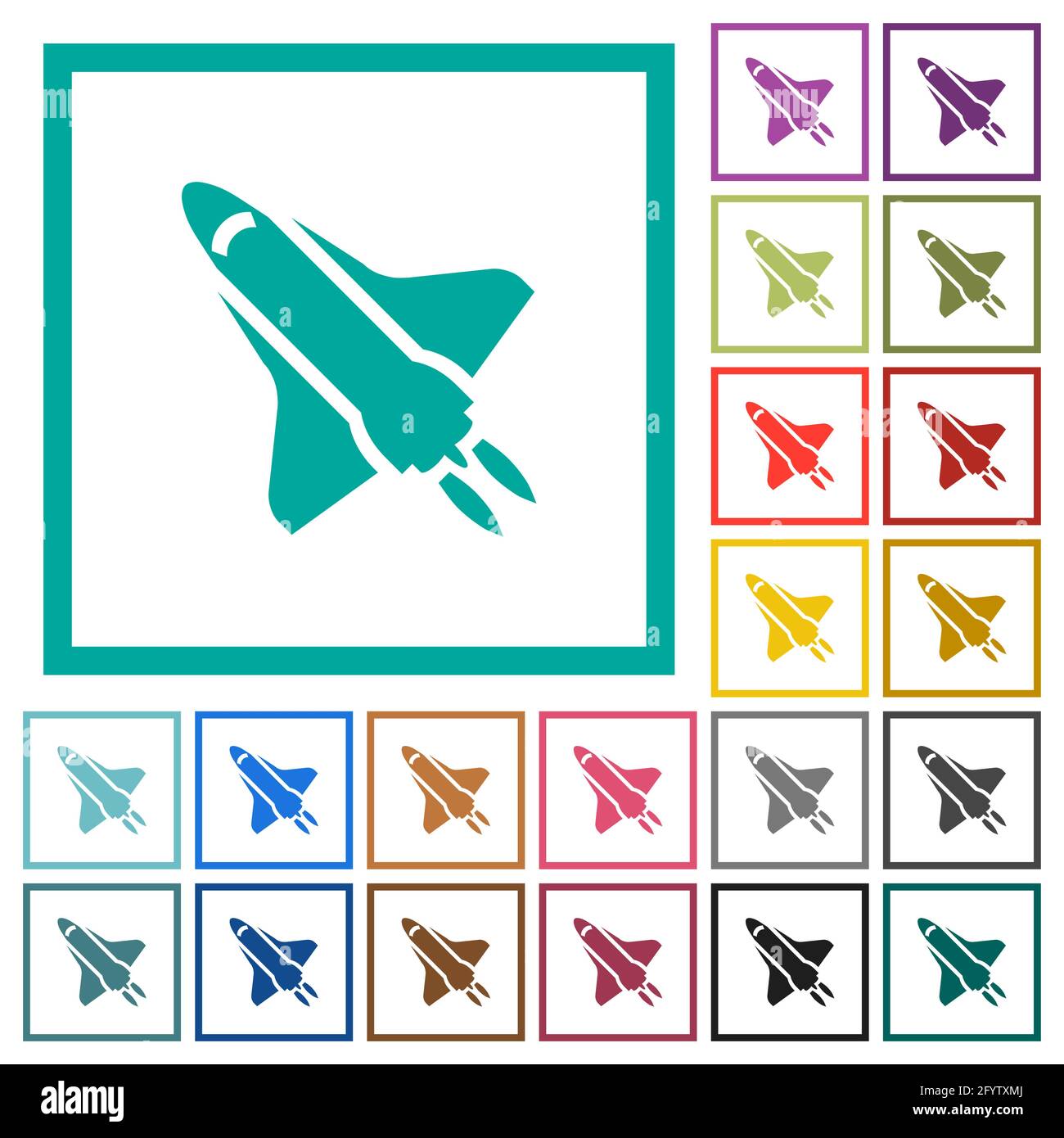 Space shuttle with propulsion flat color icons with quadrant frames on ...
