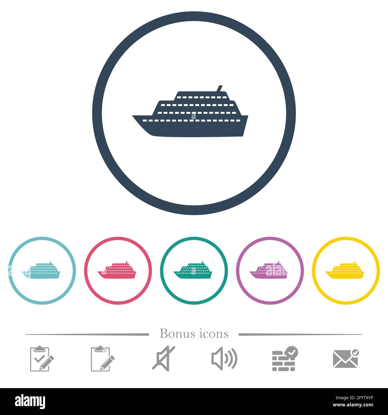 Cruise ship flat color icons in round outlines. 6 bonus icons included ...