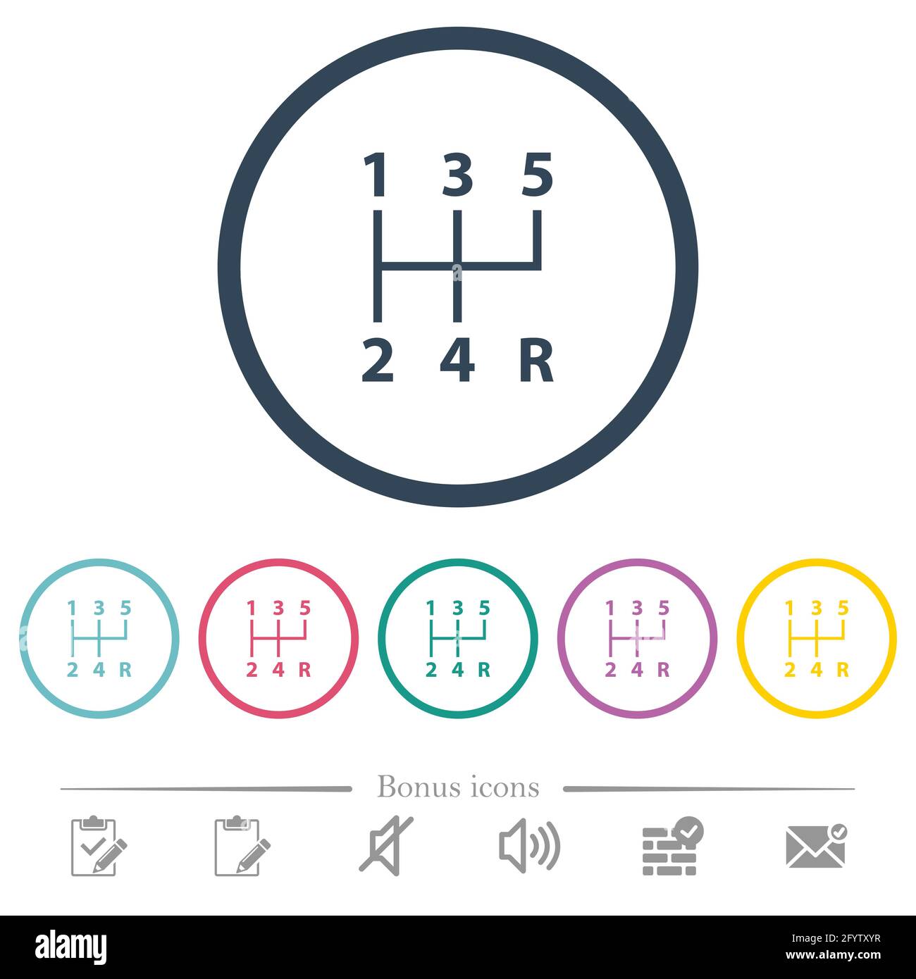 five speed manual gear shift flat color icons in round outlines. 6