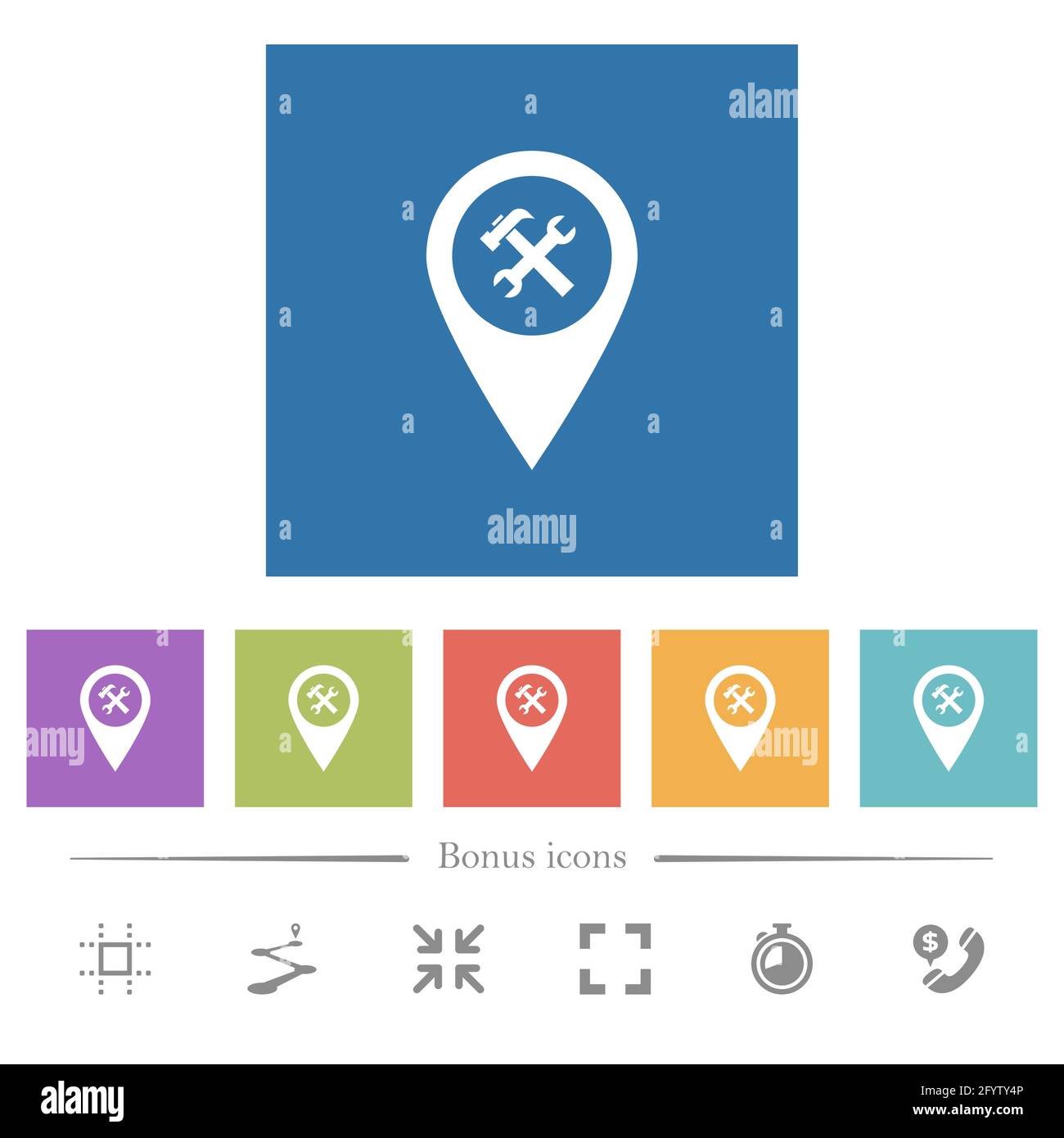 Workshop service GPS map location flat white icons in square ...