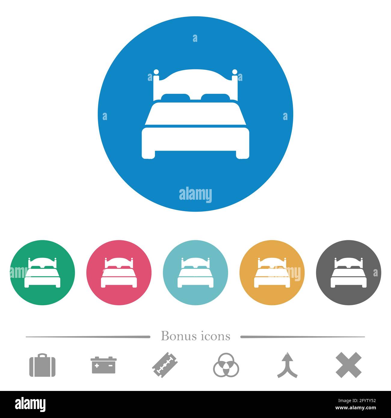 Double bed flat white icons on round color backgrounds. 6 bonus icons ...