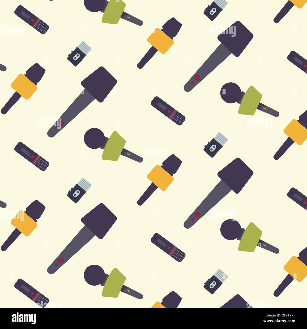Microphone and report journalist seamless pattern. News pattern, concept journalism, mic backdrop and recording device illustration, vector communicat Stock Vector