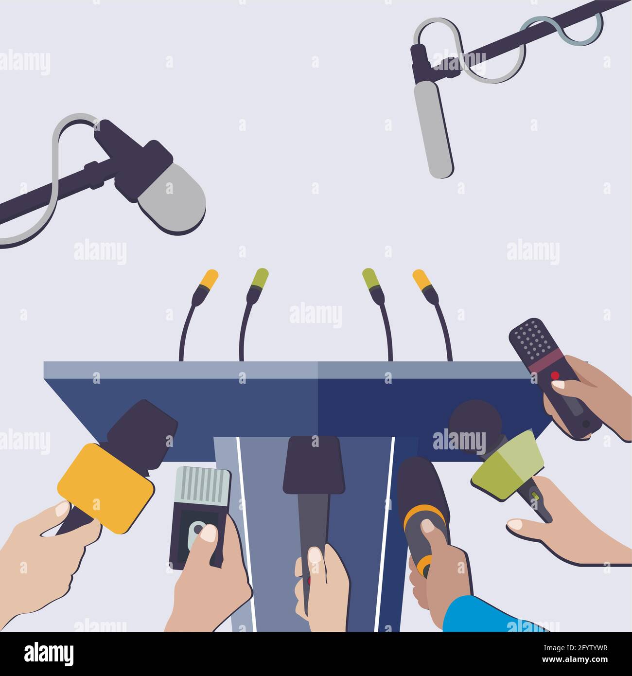 Rostrum with microphones to interview, press conference and claim. Vector stage for news and mass communication media, journalism and broadcasting con Stock Vector