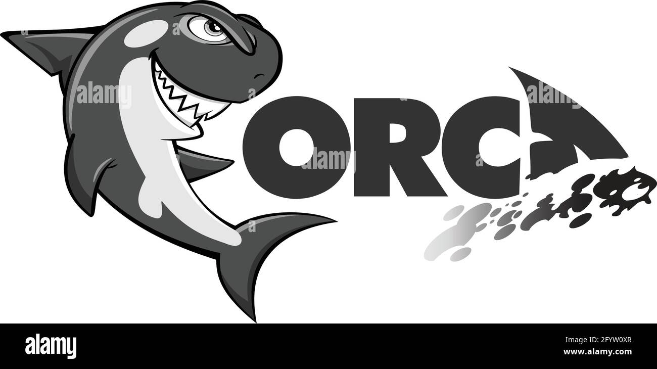 Drawing of orc whale cartoon character with logo, vector illustration Stock Vector