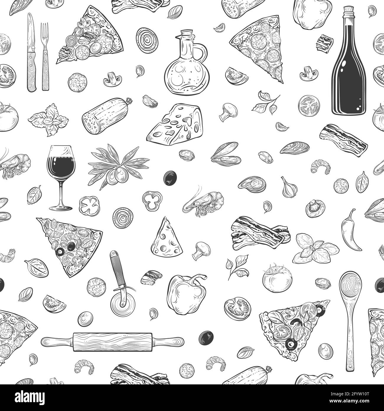 Vector illustration seamless pattern with pizza with different types of pizza, cutlery, ingredients, and objects related to pizza, vector drawing Stock Vector