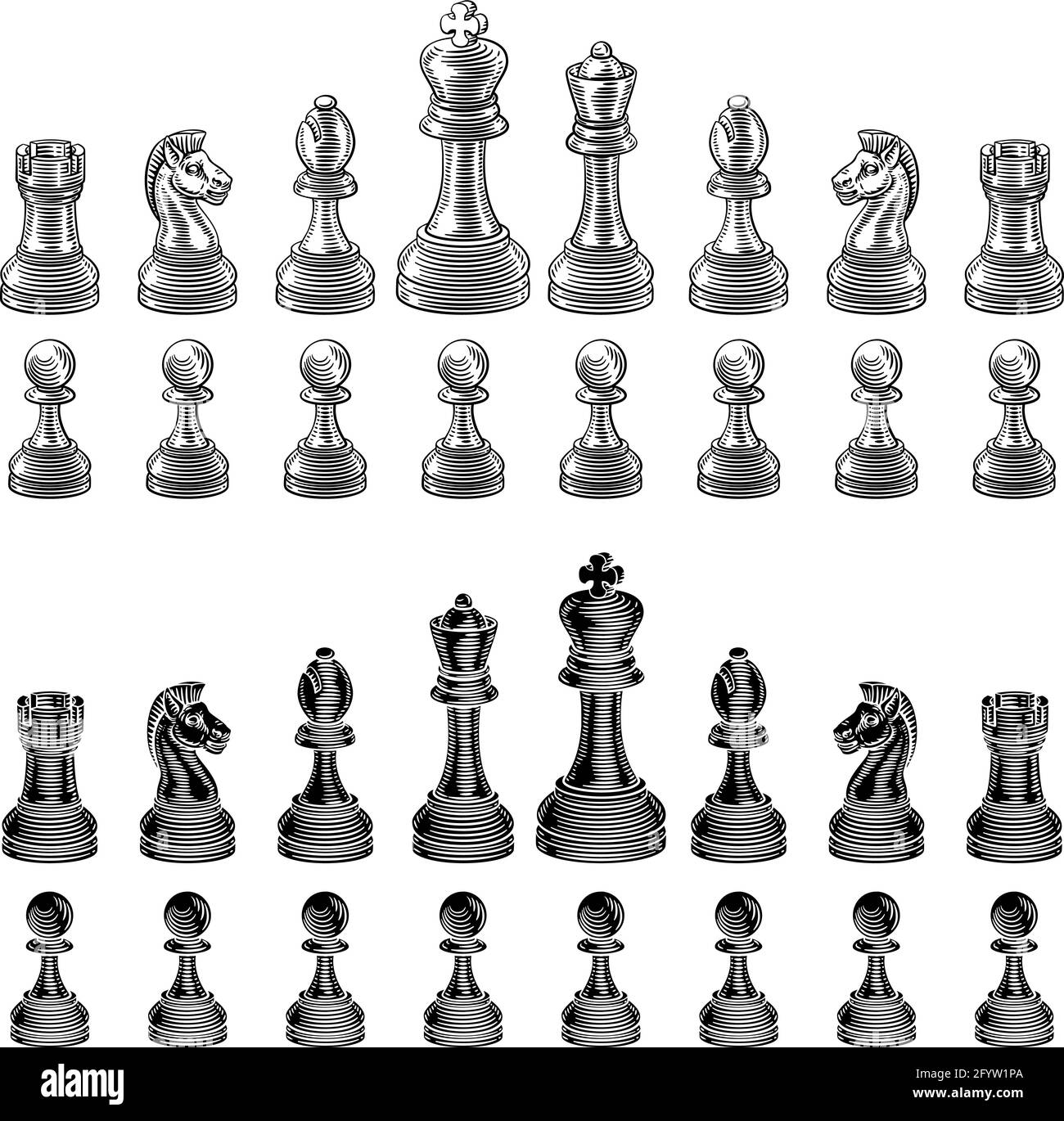 Chess Pieces Set Vintage Woodcut Style Stock Vector