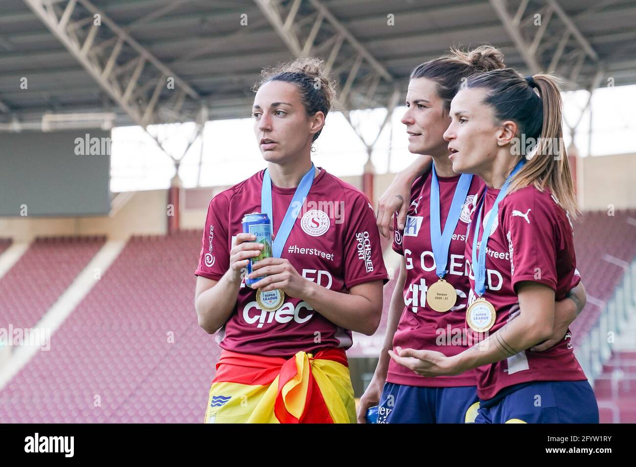 May 29, 2021, Lancy, Stade de Geneve, AXA Women's Super League: Servette FC  Chenois Feminin - FC Basel 1893, # 24 Amandine Soulard (Servette), # 19  Paula Serrano (Servette) and # 25