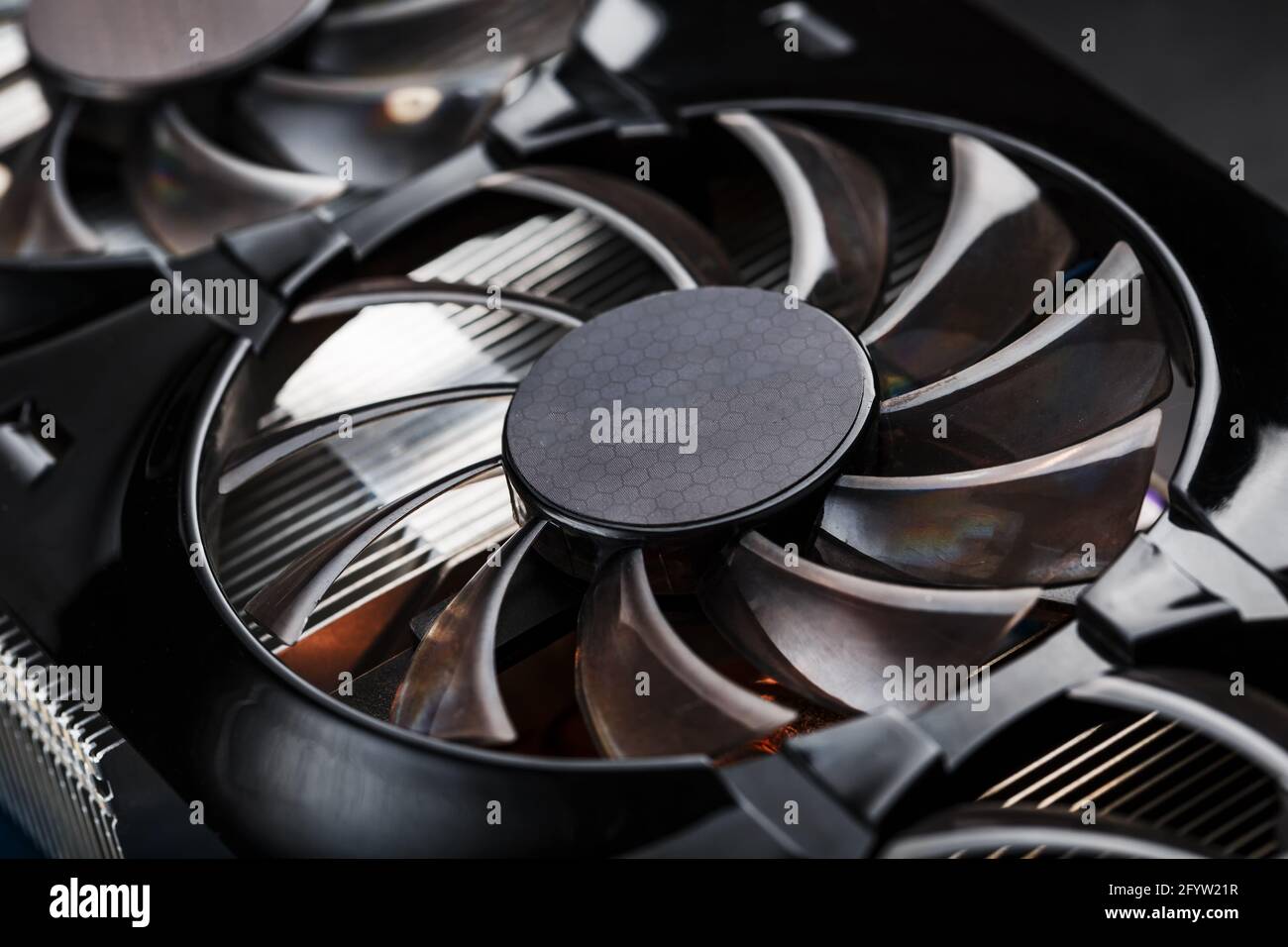 Video card cooling system cooler close-up. Progressive cooling system for the video chip, processor and memory. Stock Photo