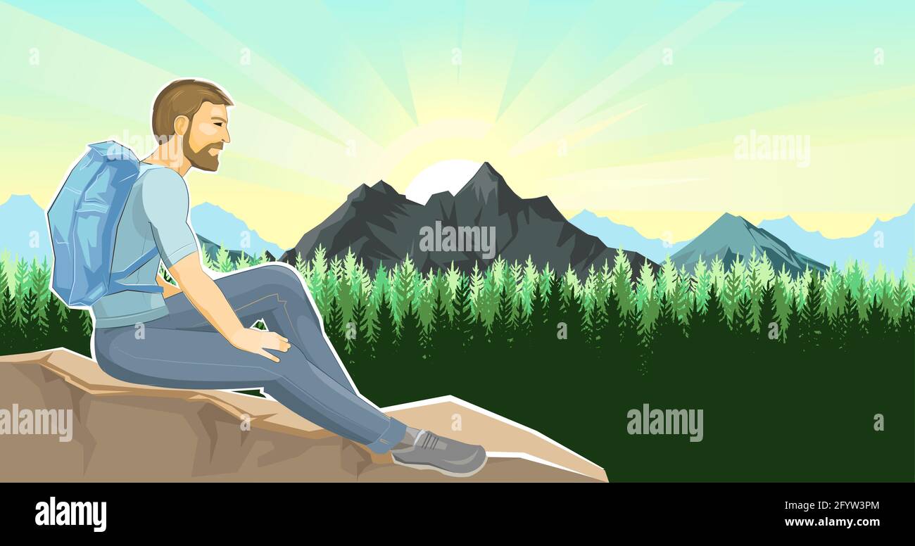 Man sits on cliff. Stone rock. The climber is resting at the height. A hiker with a backpack admires the view, sun. Adventure over the horizon. Nature Stock Vector
