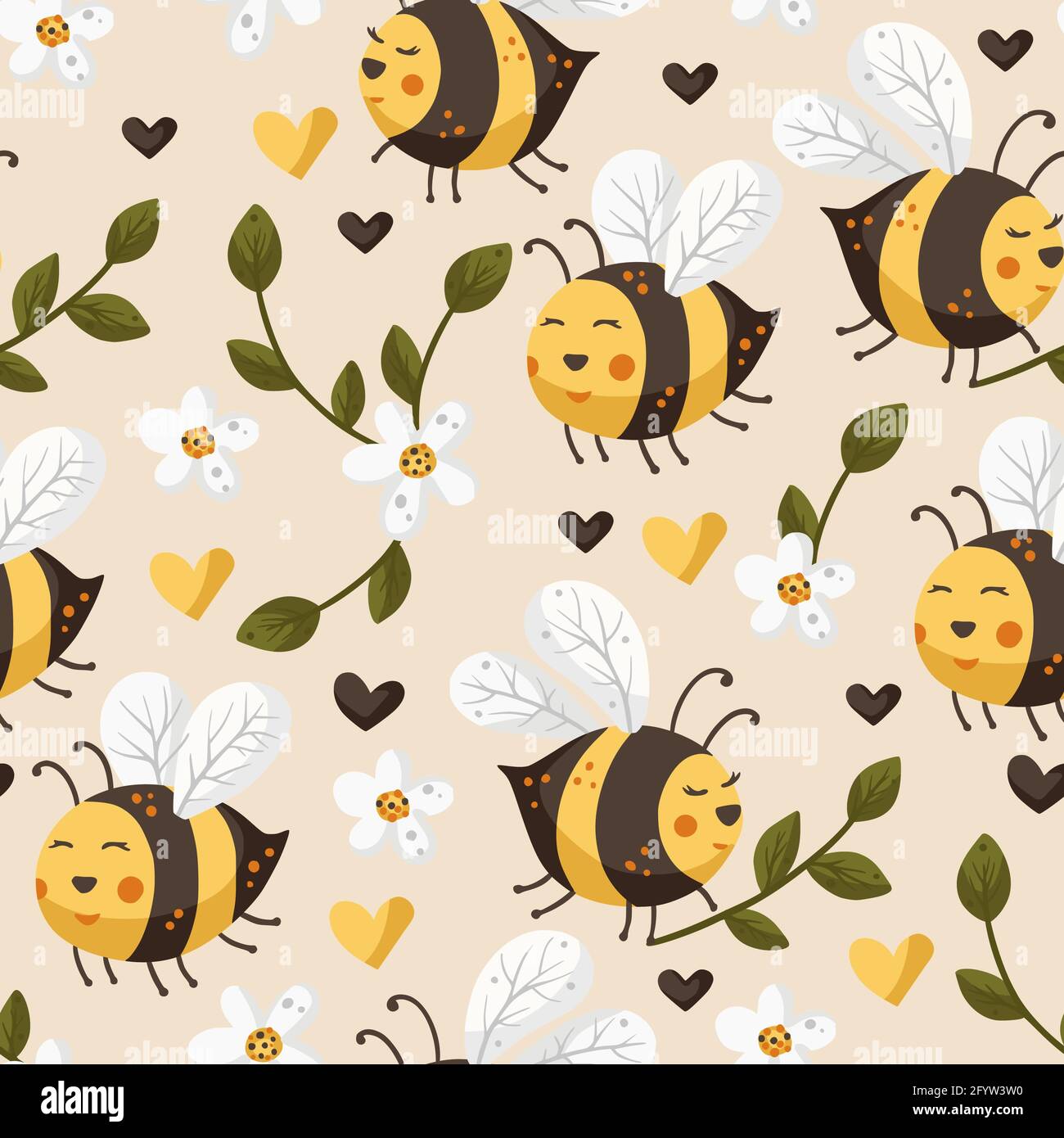 Cartoon bee cute vector seamless pattern. Festive insect and daisy